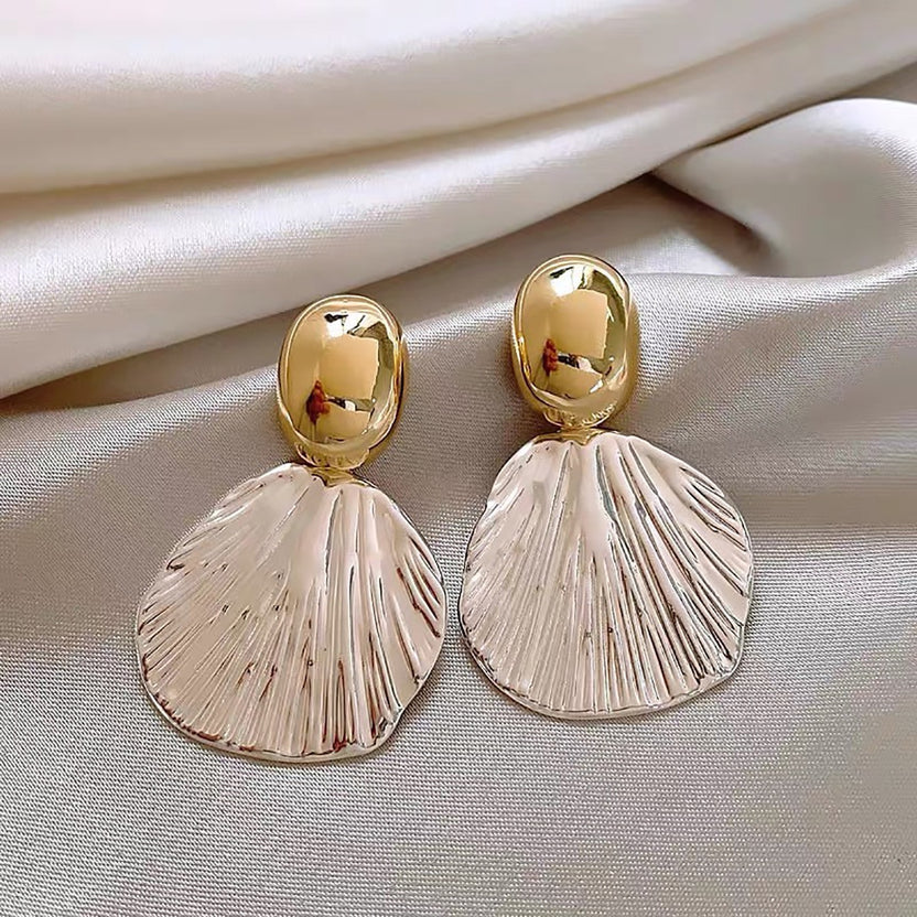Korean Style Vintage Textured Metallic Fan Dangle Earrings