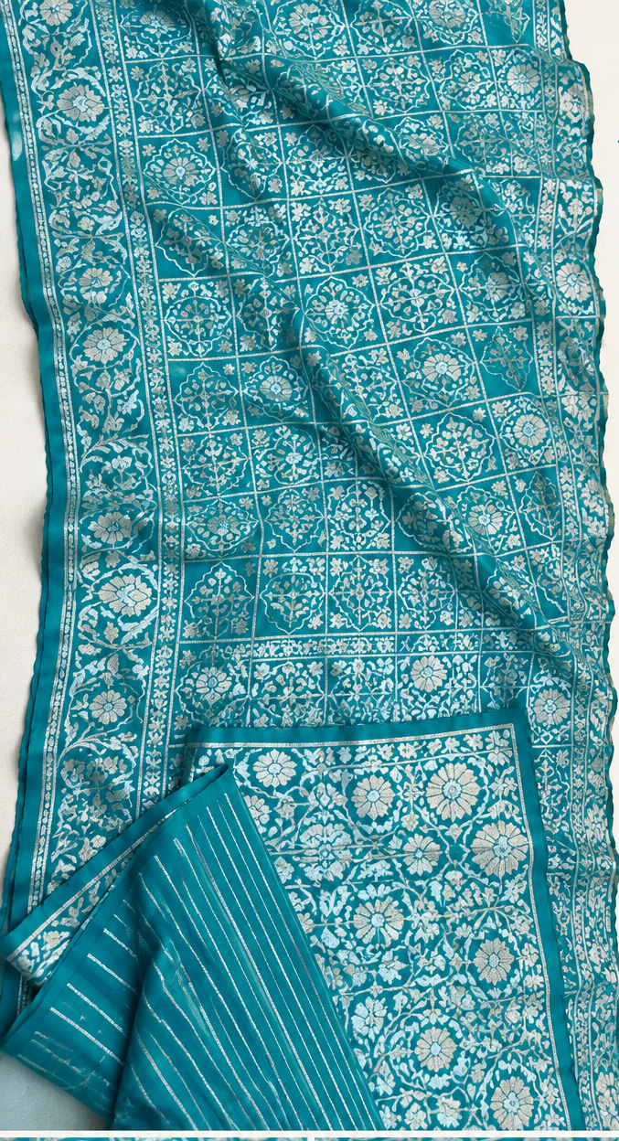 Exclusive Banarasi Cotton Jamdani Silk Weaved Saree – Teal Blue with Silver Zari Motifs