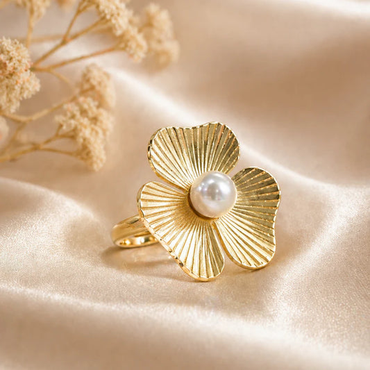 Korean Style Anti-Tarnish Gold Textured Flower Pearl Adjustable Ring