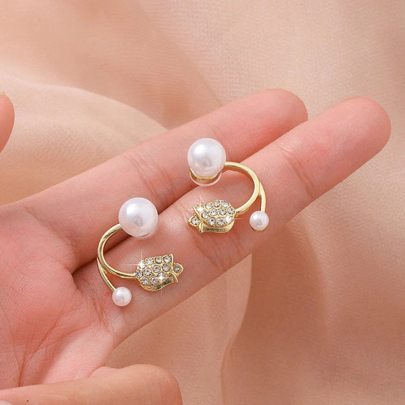 Korean Style Elegant Pearl Front-Back Tulip Earrings