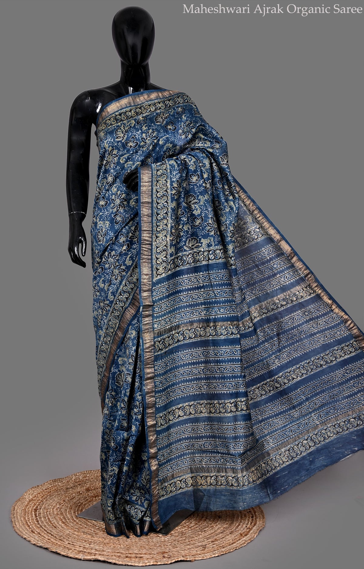 Maheshwari Silk Organic Hand Block Print Deep Blue Saree with Blouse