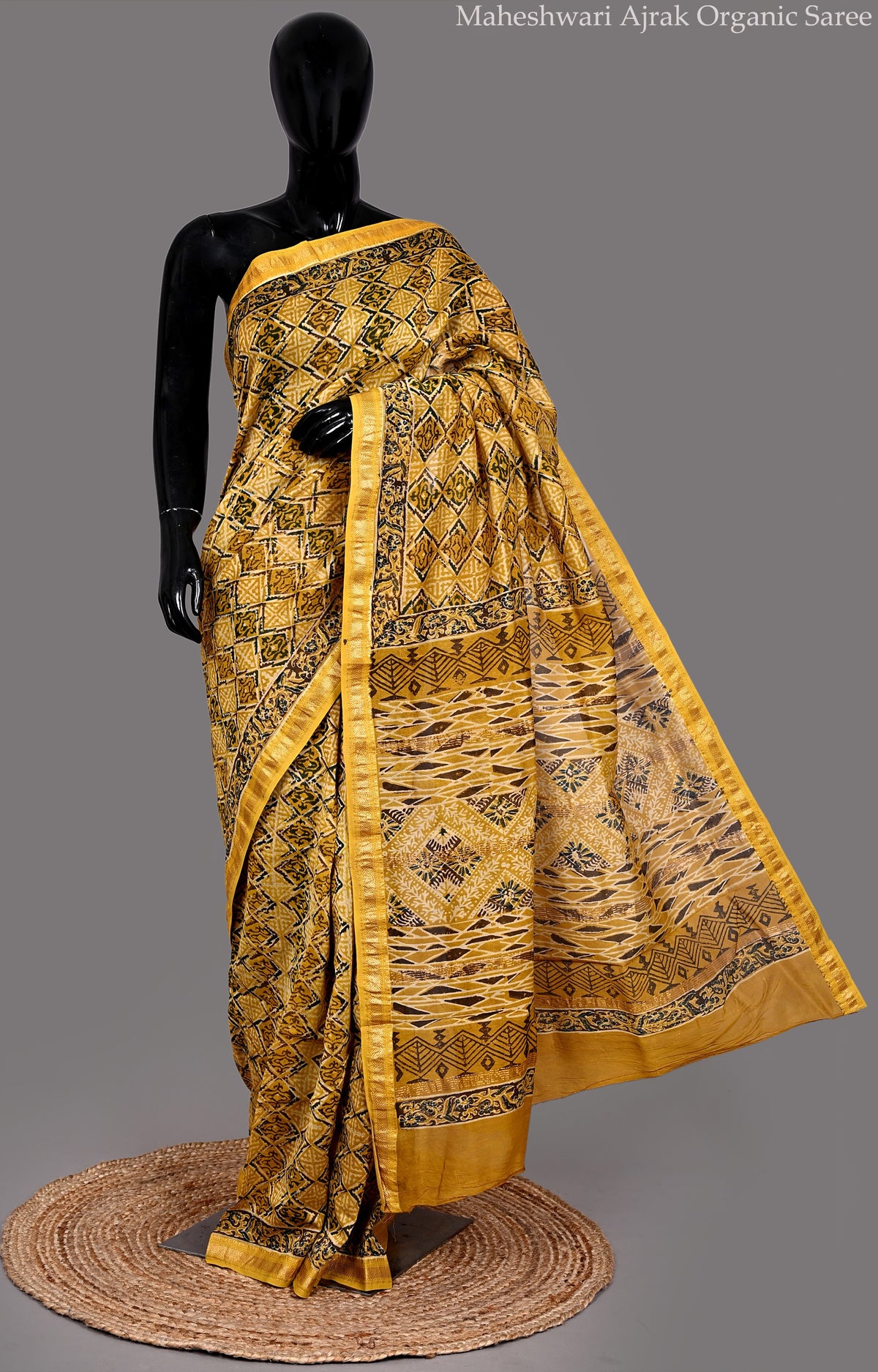 Maheshwari Silk Organic Hand Block Print Mustard Yellow Saree with Blouse
