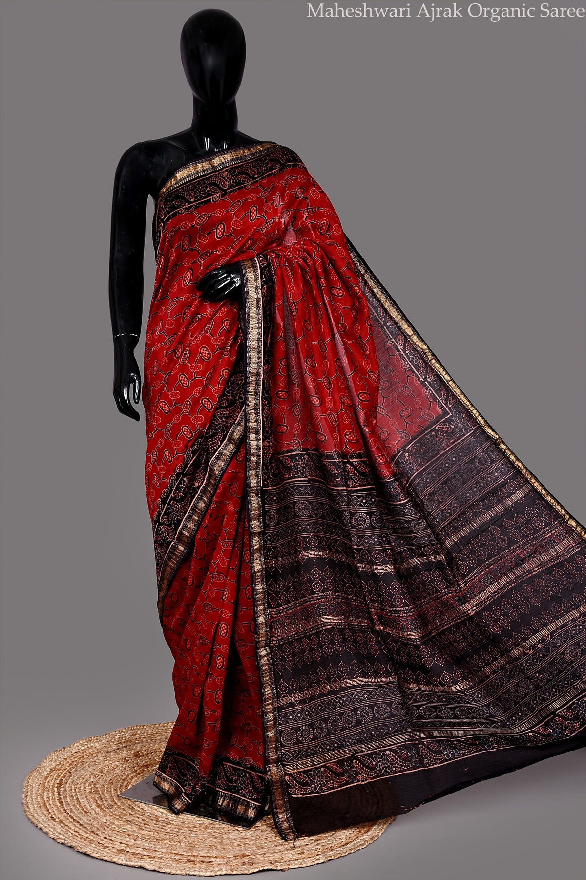 Maheshwari Silk Organic Hand Block Print Red with Black Pallu Saree with Blouse