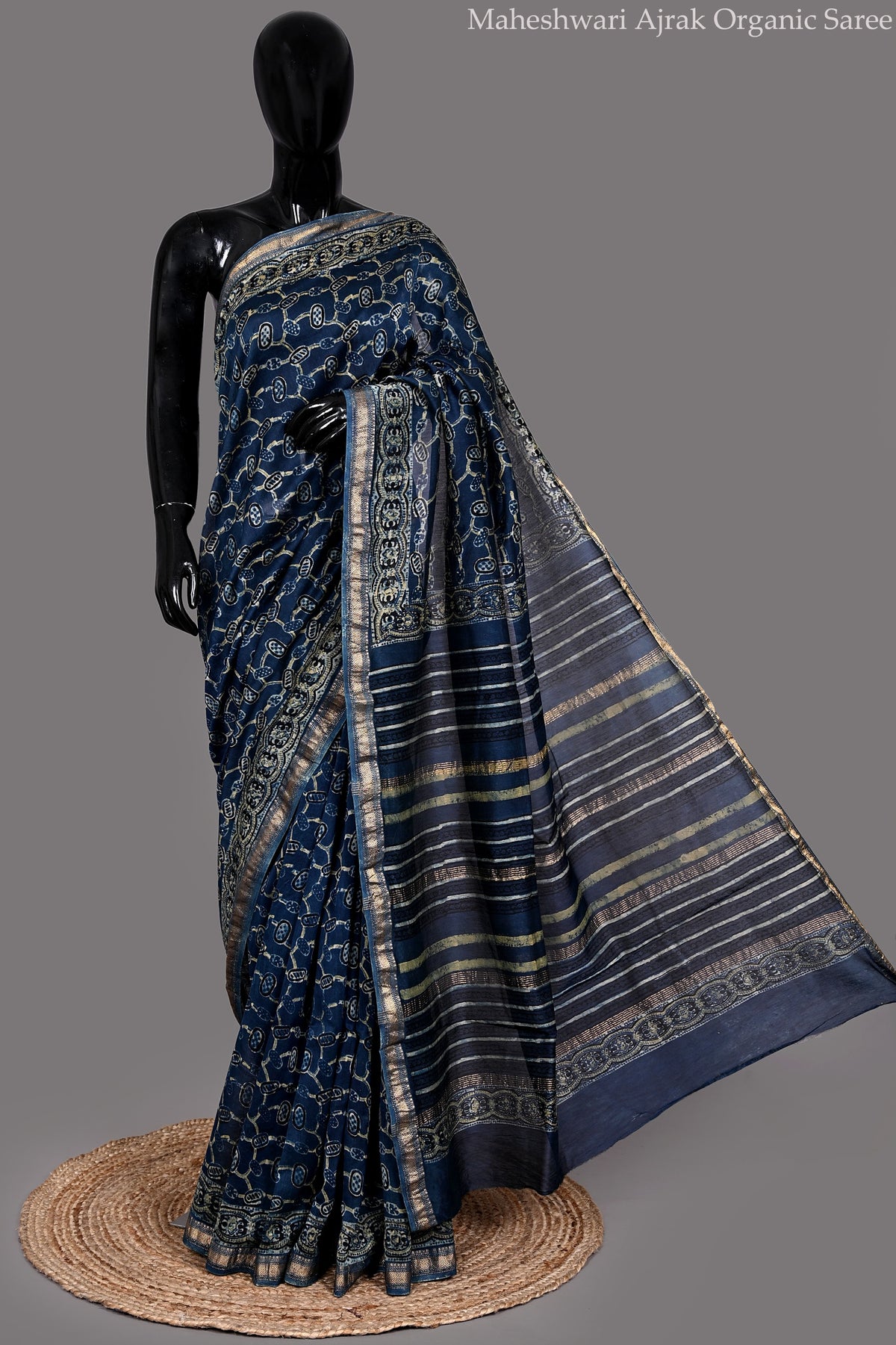 Maheshwari Silk Organic Hand Block Print Saree in Indigo Blue with Chanderi Border