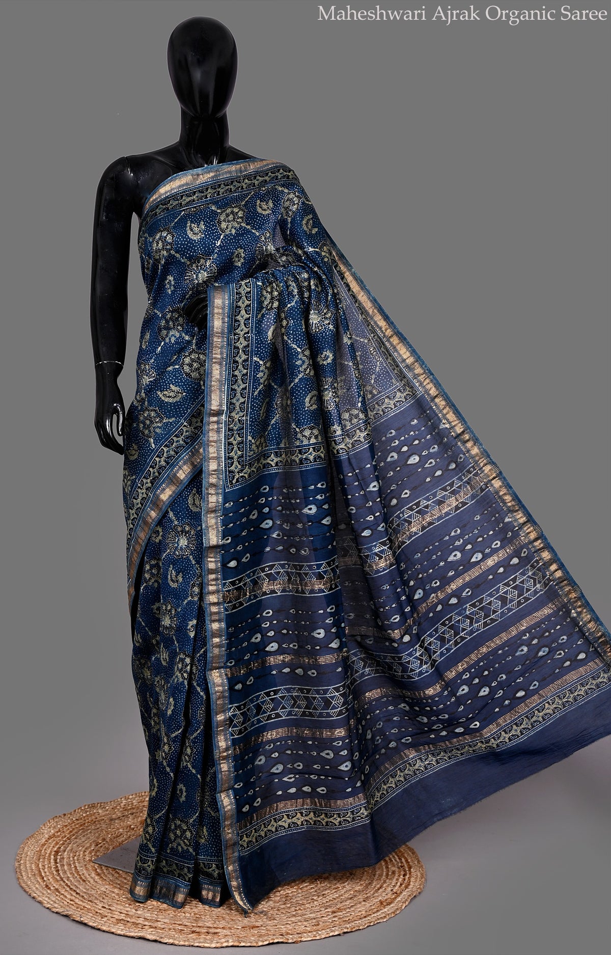 Maheshwari Silk Organic Hand Block Print Navy Blue Saree