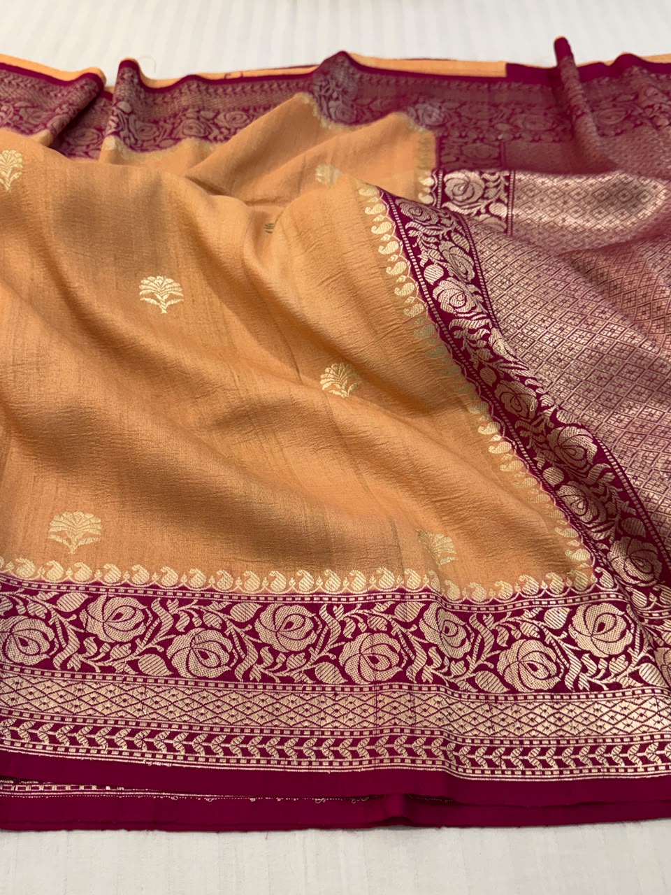 Handloom Banarasi Tussar Georgette Silk Saree – Mustard Gold