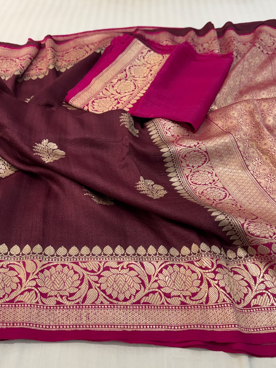 Handloom Banarasi Tussar Georgette Silk Saree – Wine Brown