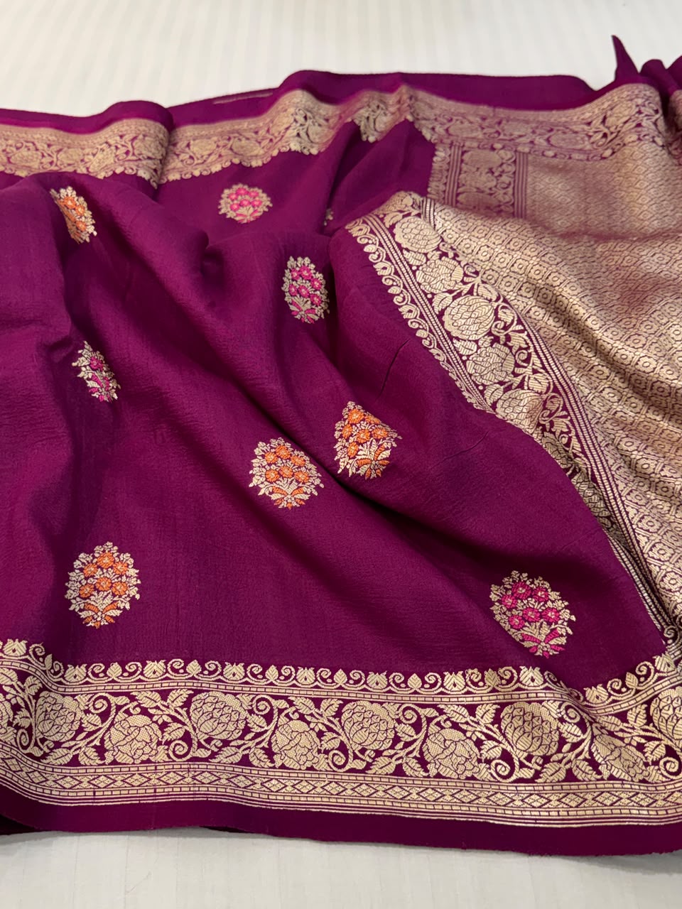Handloom Banarasi Tussar Georgette Silk Saree – Royal Magenta