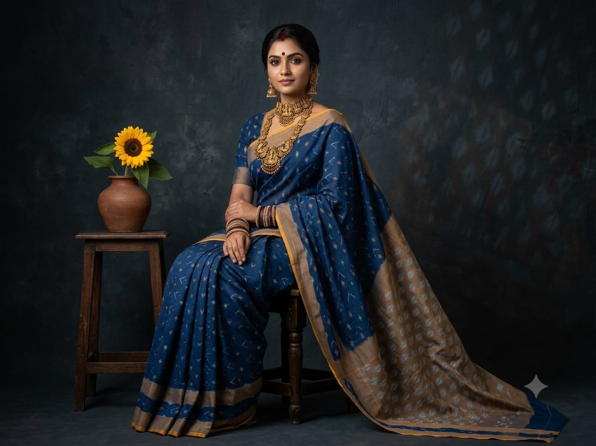 Ikkat mercerised cotton saree in deep blue beige combo