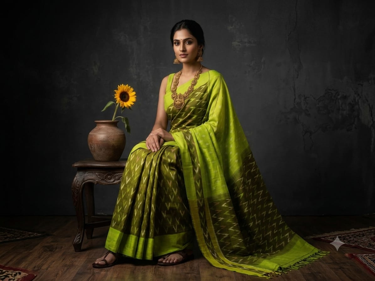 Ikkat cotton saree in Olive and lime green combo