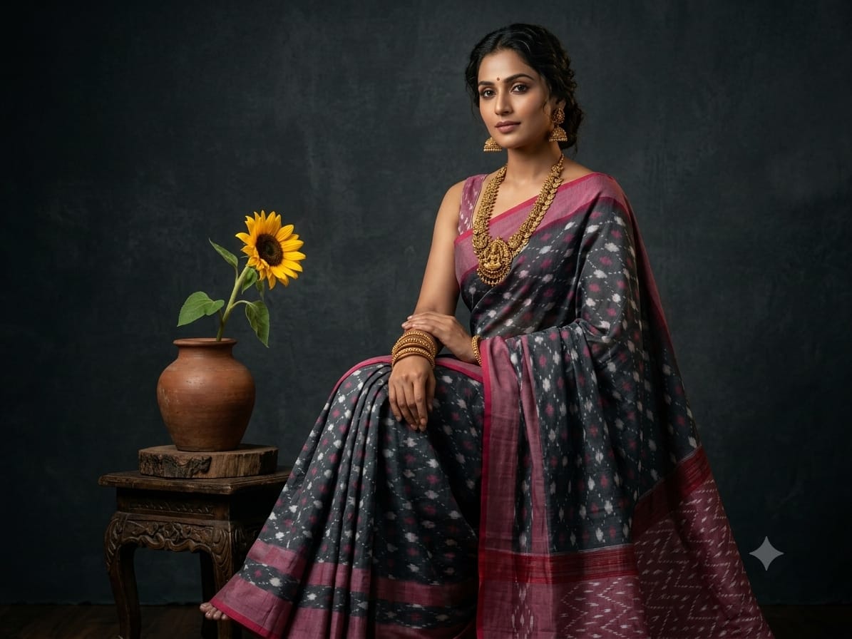 Ikkat mercerised cotton saree in dark grey with dusky rose and white combo