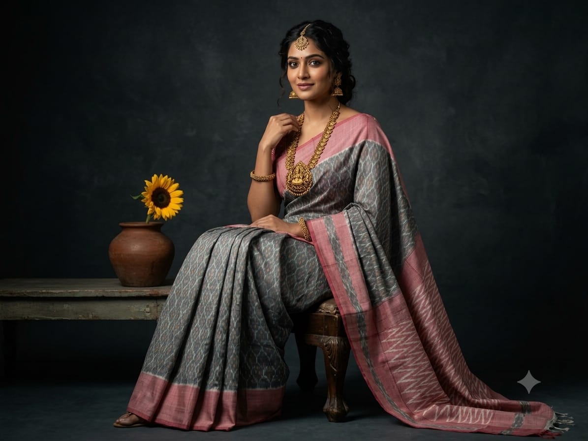 Ikkat Cotton saree in Light grey and dusky rose combo