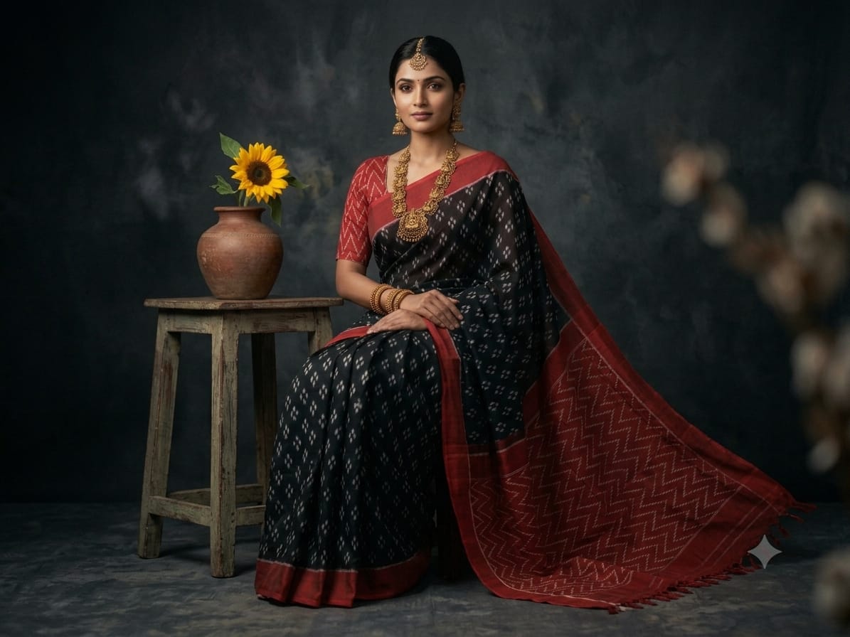 Ikkat cotton Saree in Black with vermilion red Combo