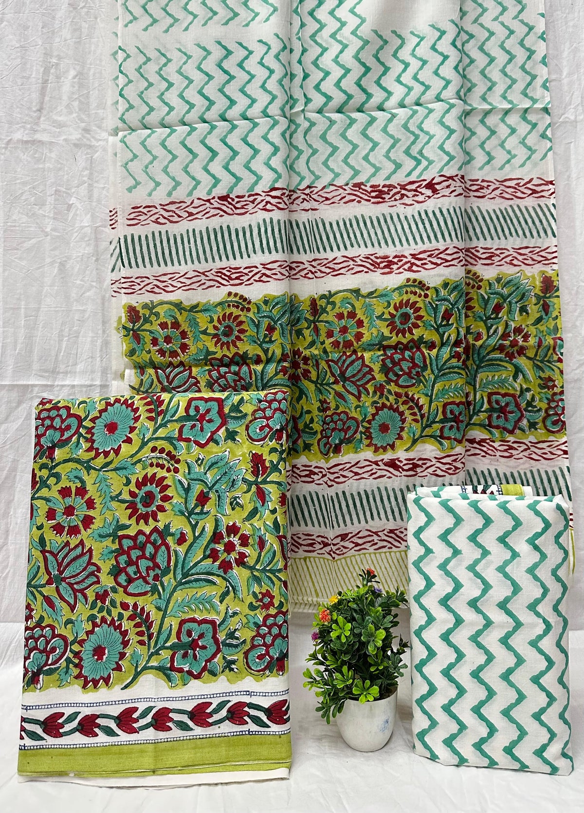 Pure Cotton Hand Block Printed Suit Material with Floral & Chevron Patterns
