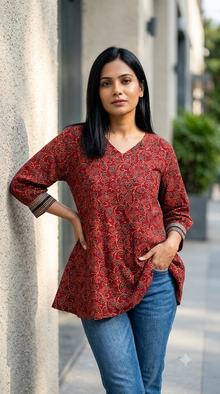 Ajrakh Hand Block Cotton Tunic Rust Red Paisley Print Dress