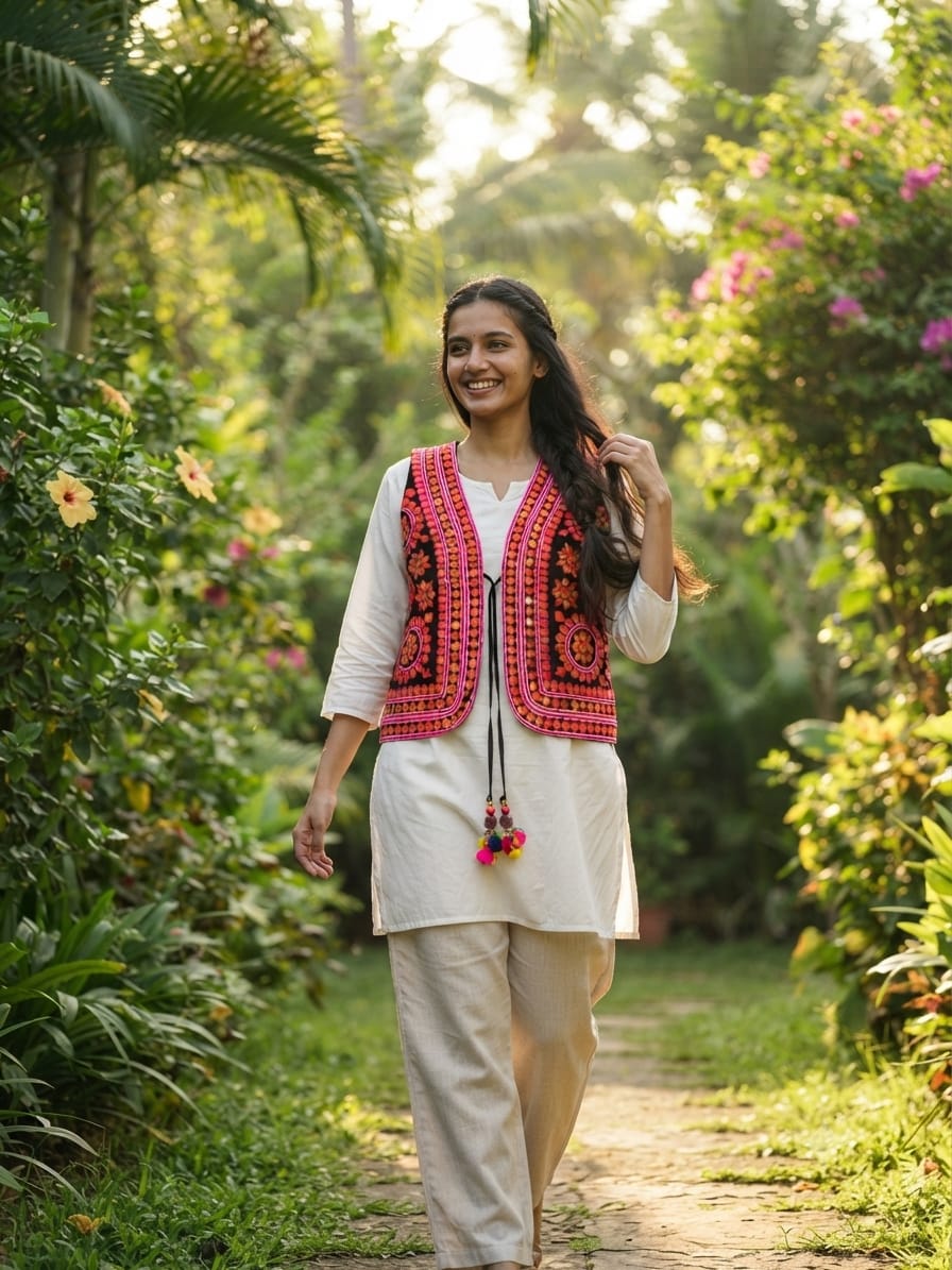 Handcrafted Kutchi Embroidered Pink & Black Cotton Jacket with Tassels