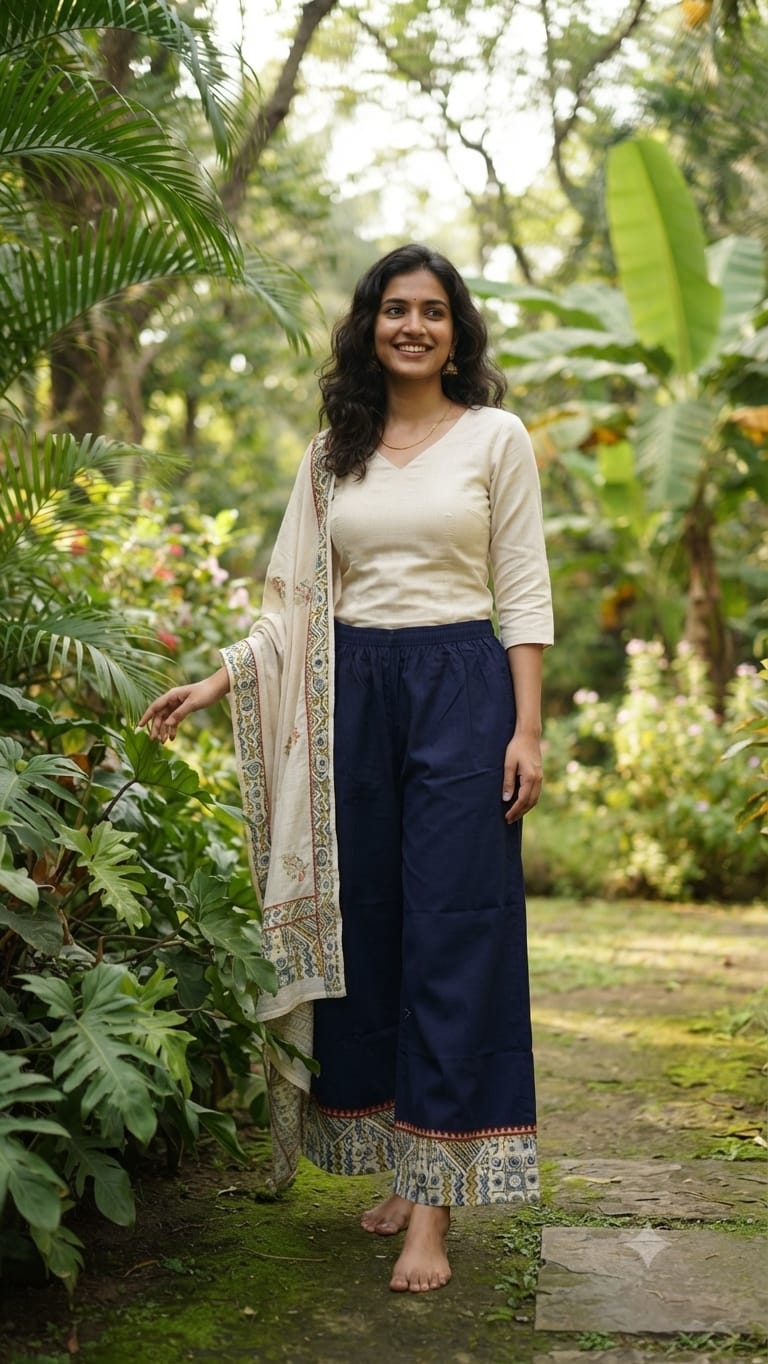 Dual Combo Of Dyed and Azrakh Patch Palazzo Pants Navy Blue and Maroon with Elastic For Women.