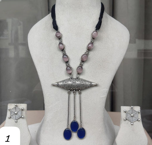 Beautiful Amrapali Tribal Jewellery Set with Matching Earrings with Pink Stone Strands & Drop