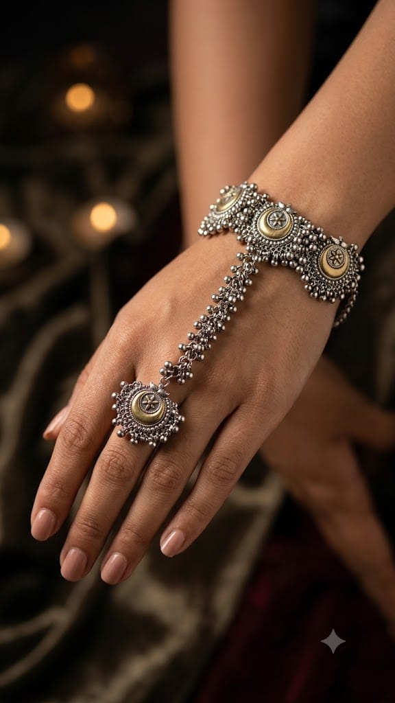 Beautiful Oxidised Silver-Look Crescent Haathphool with Ghungroo & Ring Detail