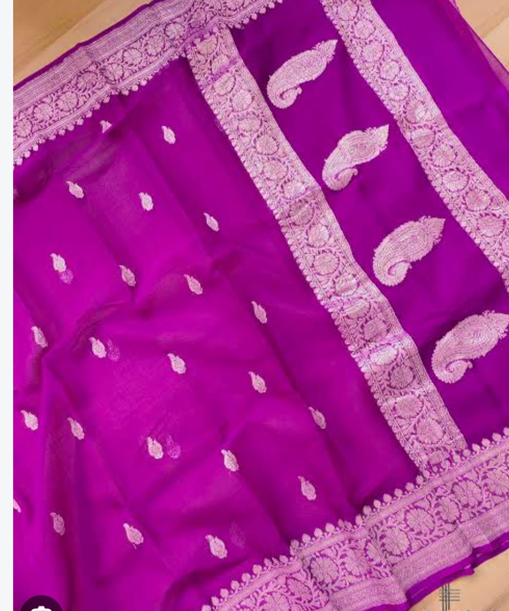Handloom Banarasi Pure Khaddi Chiffon Saree – Deep Magenta Purple with Silver Zari Paisley Motifs Border