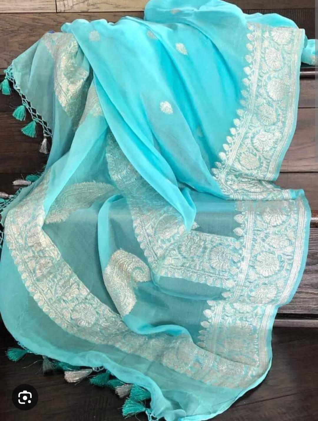 Handloom Banarasi Pure Khaddi Chiffon Saree – Sky Blue / Aqua Cyan with Silver Zari Paisley Weave