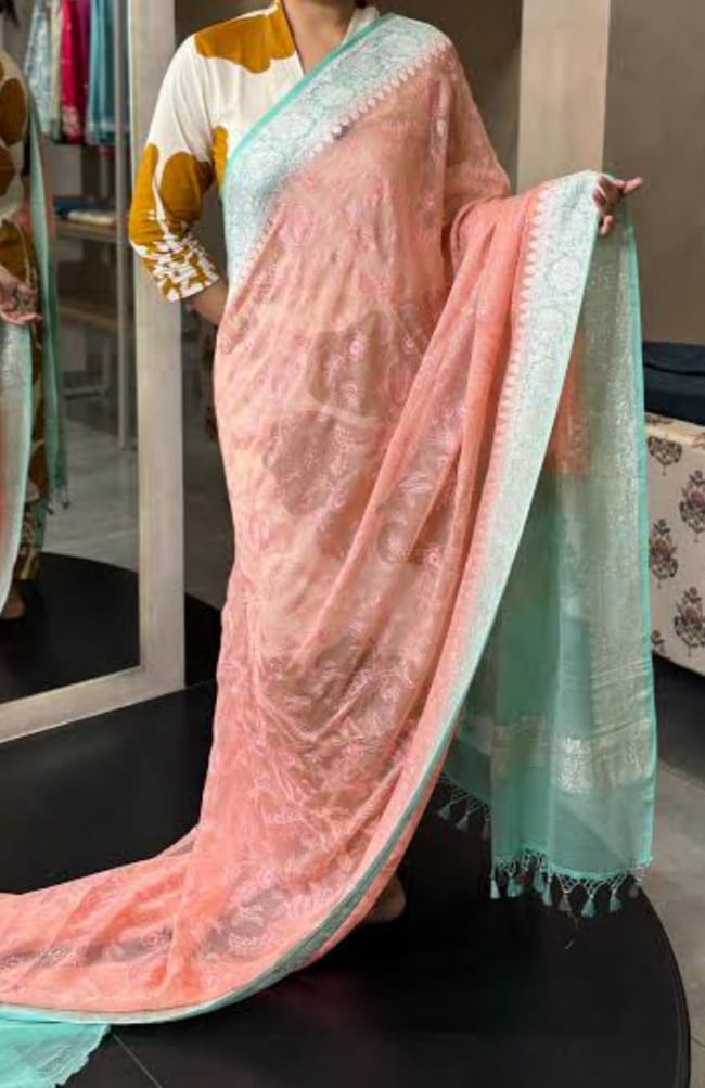 Handloom Banarasi Pure Khaddi Chiffon Saree – Pastel Peach & Mint Green Contrast with Border