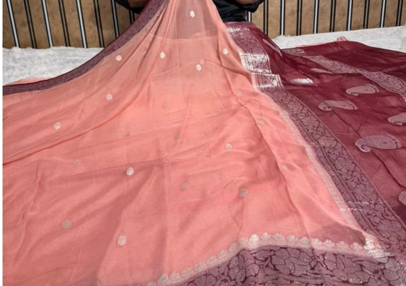 Handloom Banarasi Pure Khaddi Chiffon Saree – Blush Peach & Deep Maroon Dual-Tone Contrast with Silver Zari Border