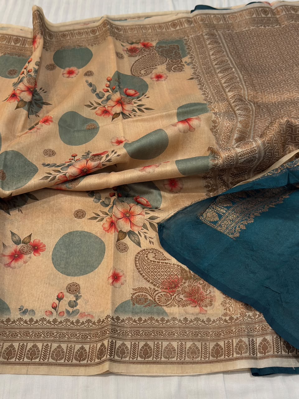 Beautiful Banarasi Tussar Saree with Beige & Teal Blue - Digital Floral Print & Rich Copper Zari Border