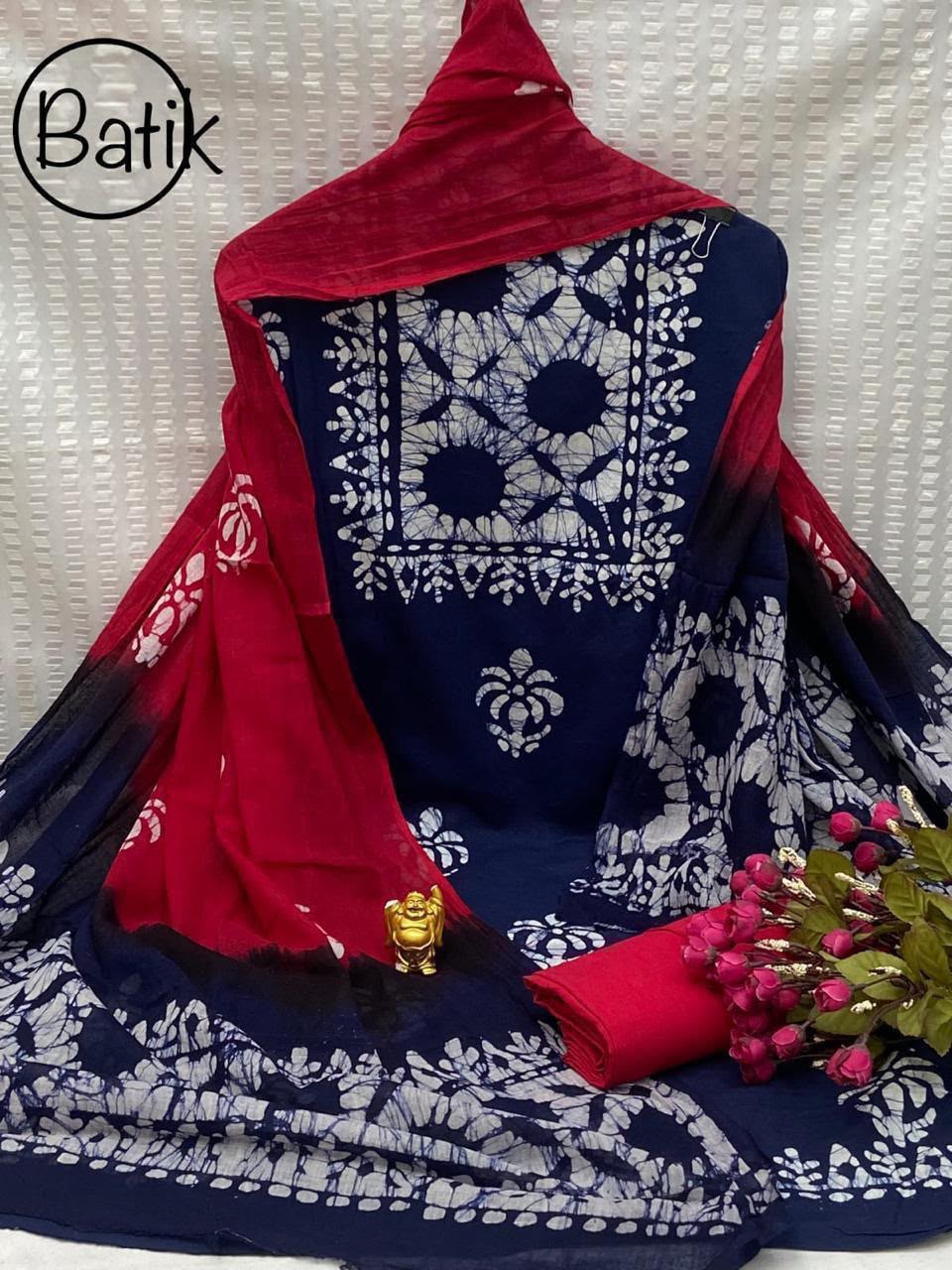 Elegant Navy Blue & Red Cotton Batik Print Dress Material with Heavy Cotton Dupatta