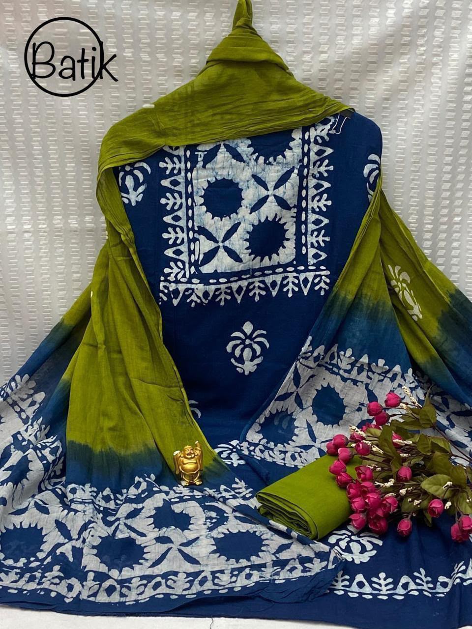 Elegant Green & Blue Cotton Batik Print Dress Material with Heavy Cotton Dupatta