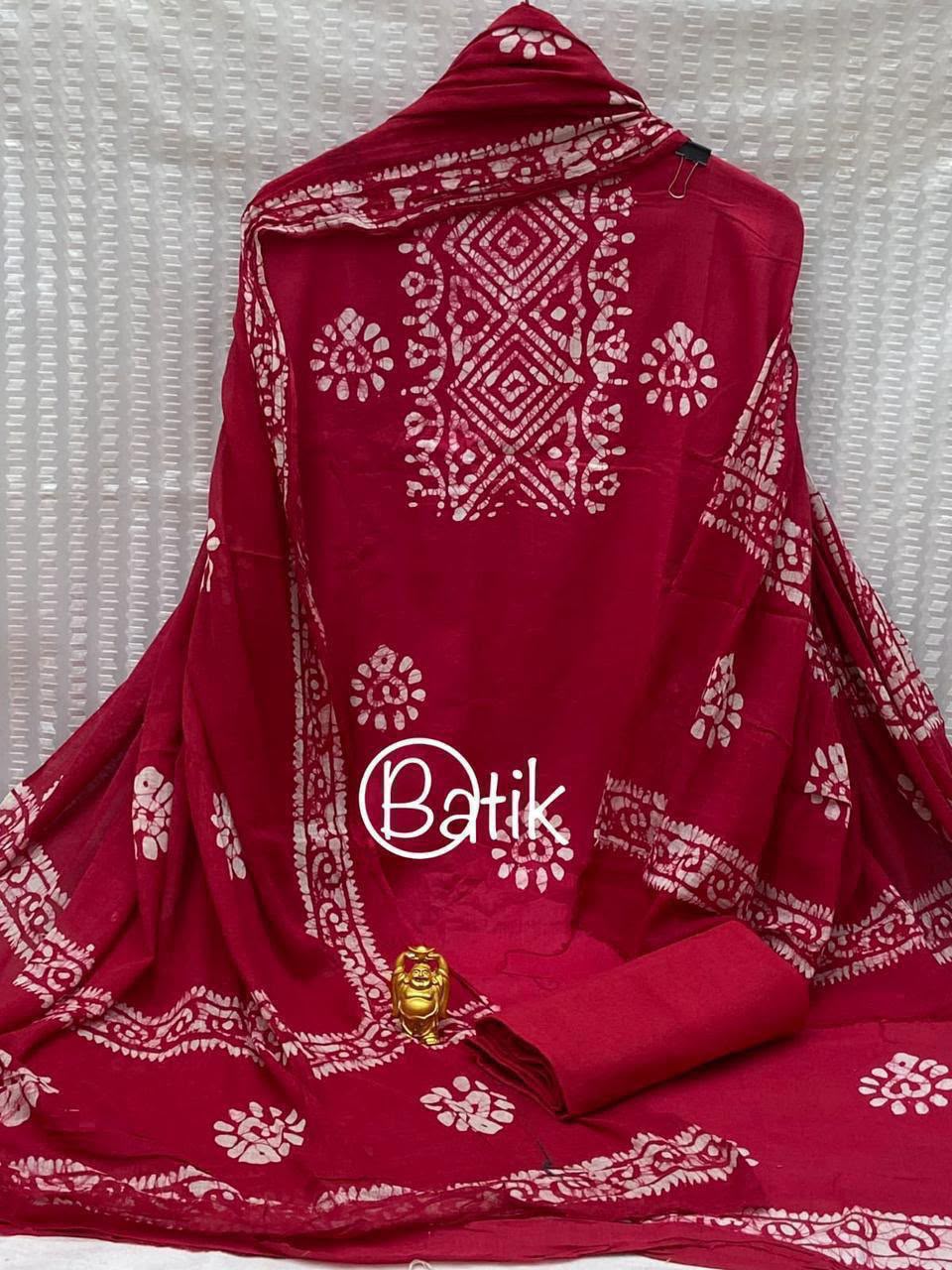 Elegant Maroon Red Cotton Batik Print Dress Material with Heavy Cotton Dupatta