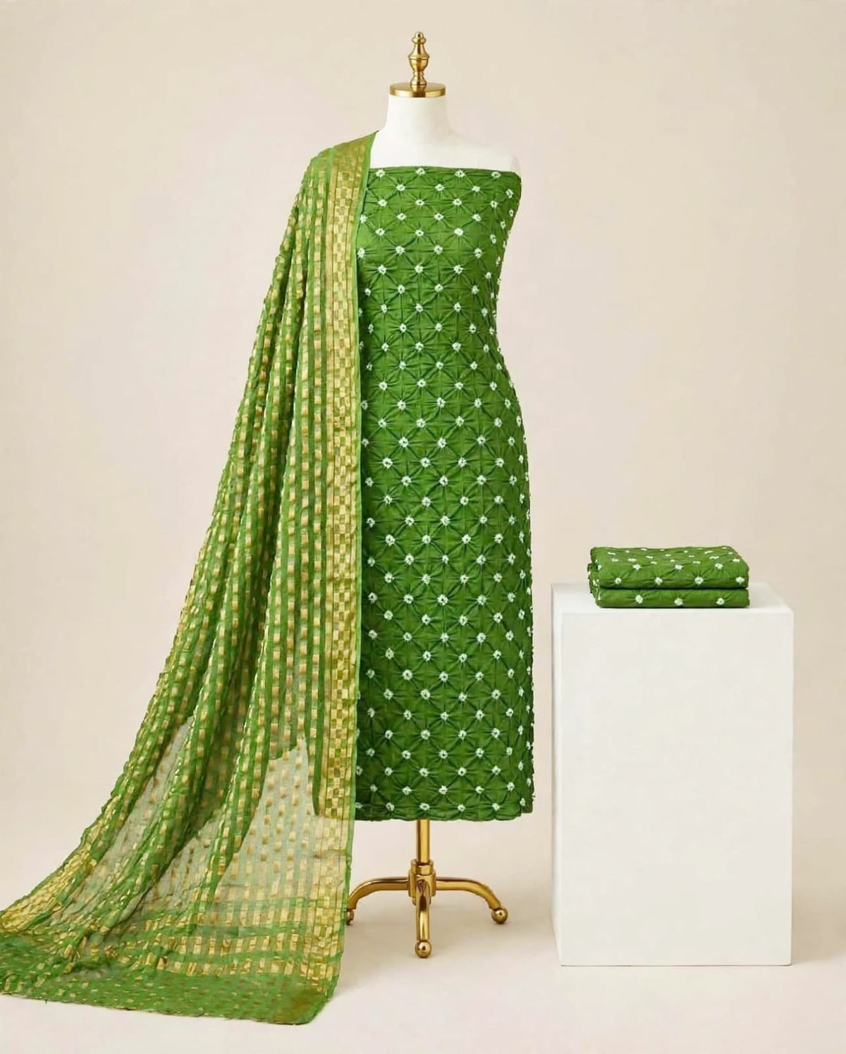 Traditional Green Bandhani Cotton Unstitched Suit Material with Zari Print Dupatta