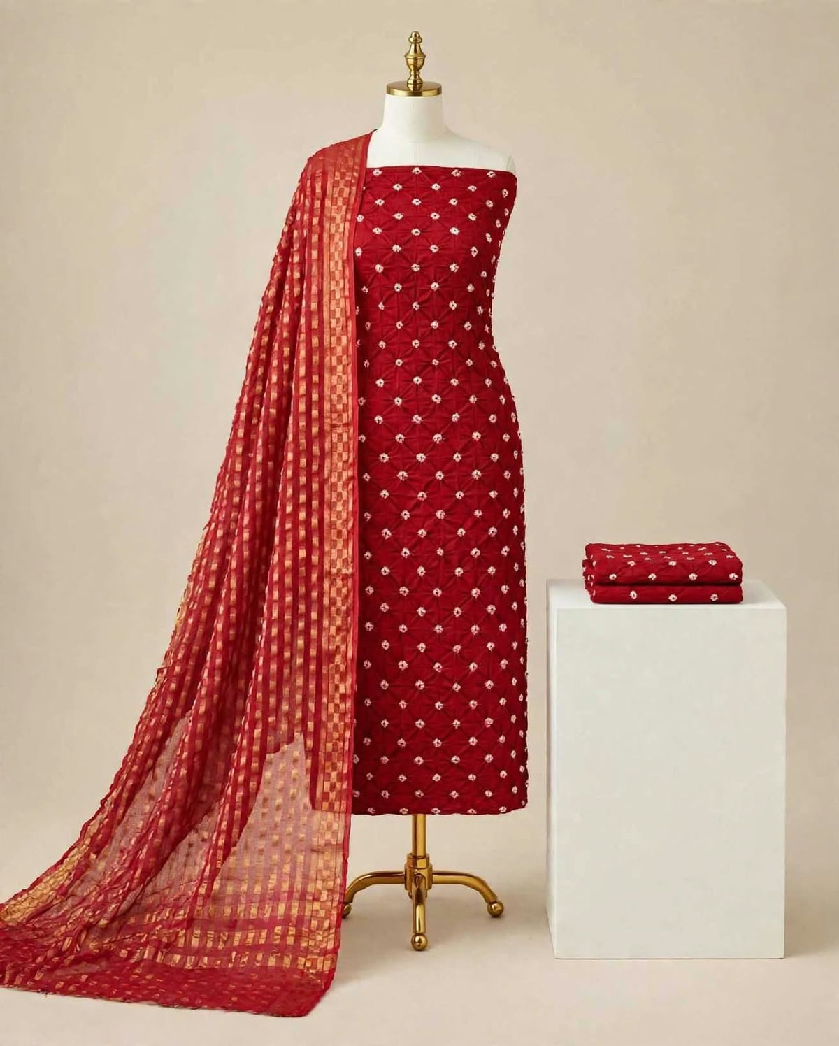 Beautiful Vibrant Red Bandhani Cotton Unstitched Suit Material with Zari Print Dupatta