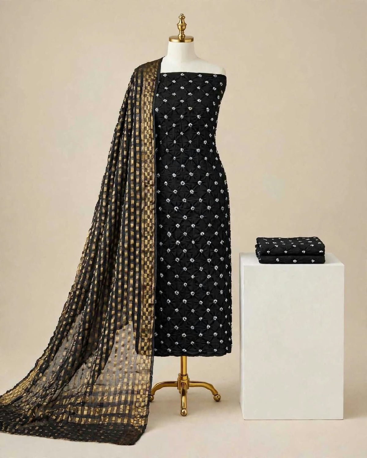 Beautiful Black Bandhani Cotton Unstitched Dress Material with Zari Print Dupatta