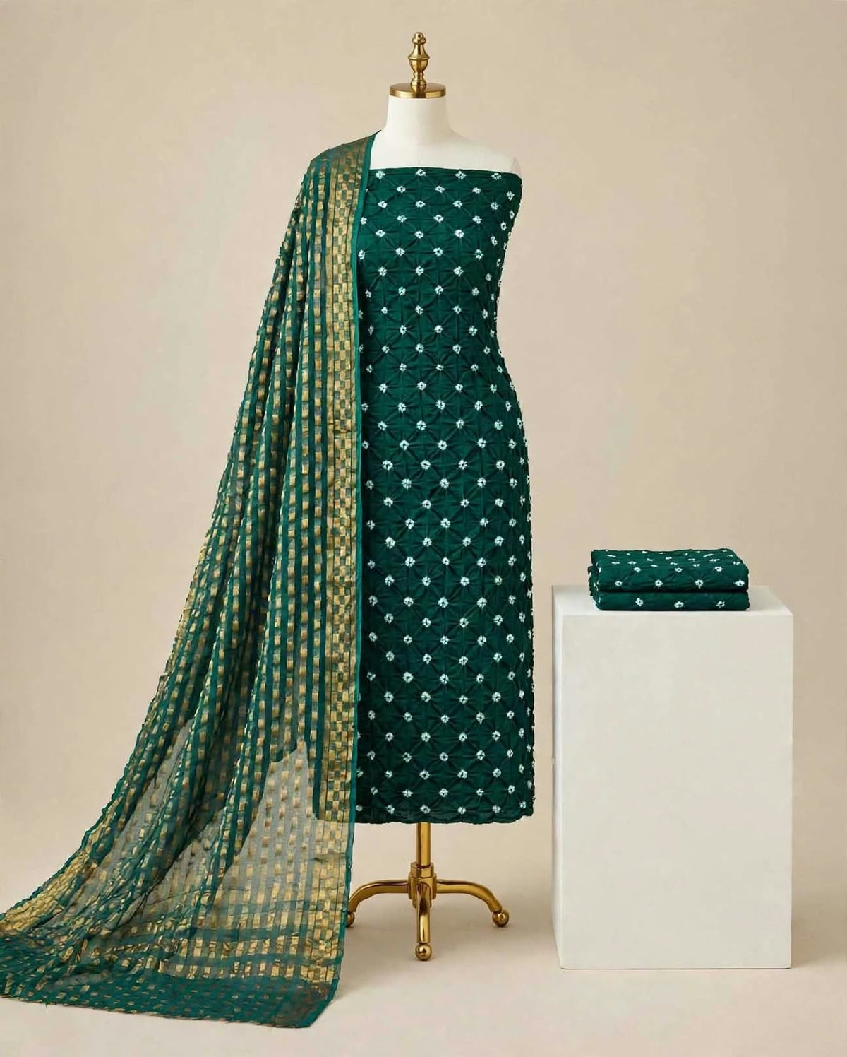 Beautiful Bottle Green Bandhani Cotton Unstitched Suit Material with Zari Print Dupatta