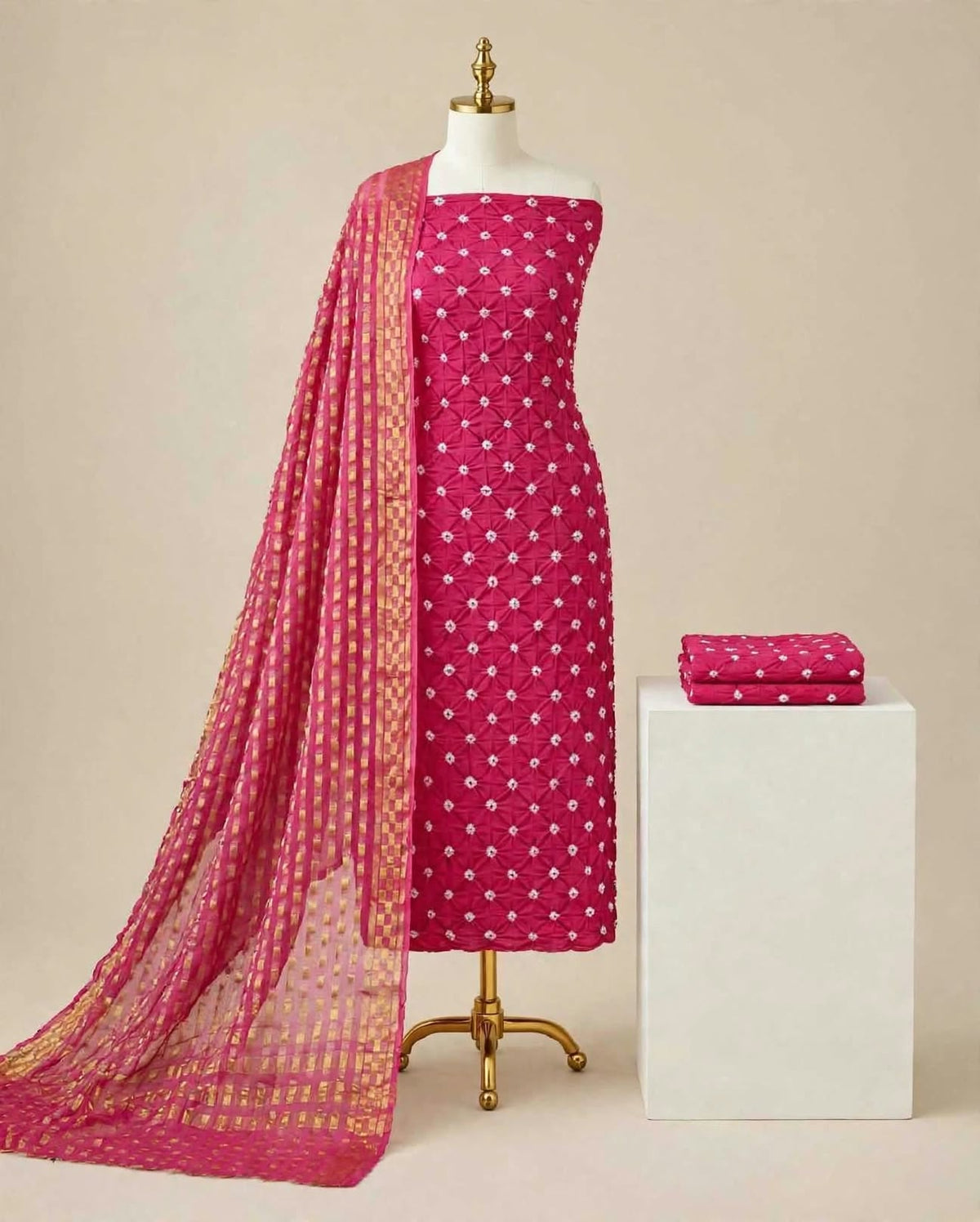 Beautiful Vibrant Magenta Pink Bandhani Cotton Unstitched Suit Material with Zari Print Dupatta
