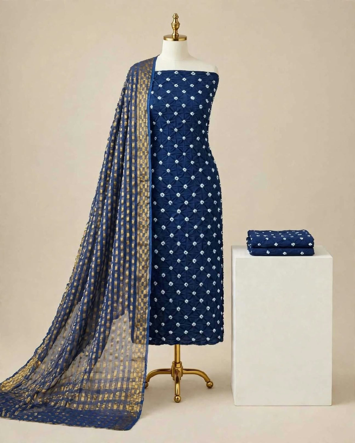 Beautiful Navy Blue Bandhani Cotton Unstitched Suit Material with Zari Print Dupatta