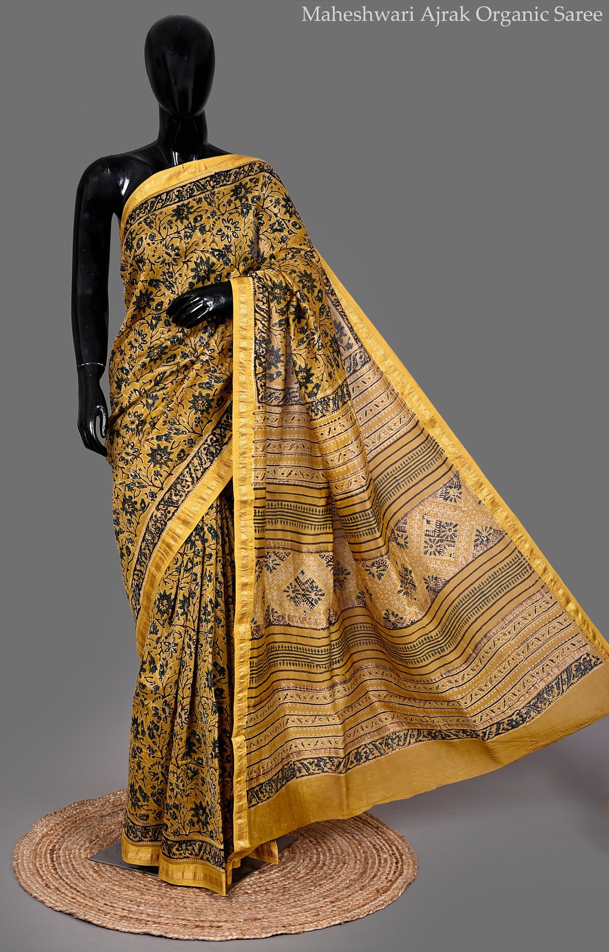 Mustard Yellow Maheshwari Ajrakh Organic Saree with Black Floral Hand Block Print