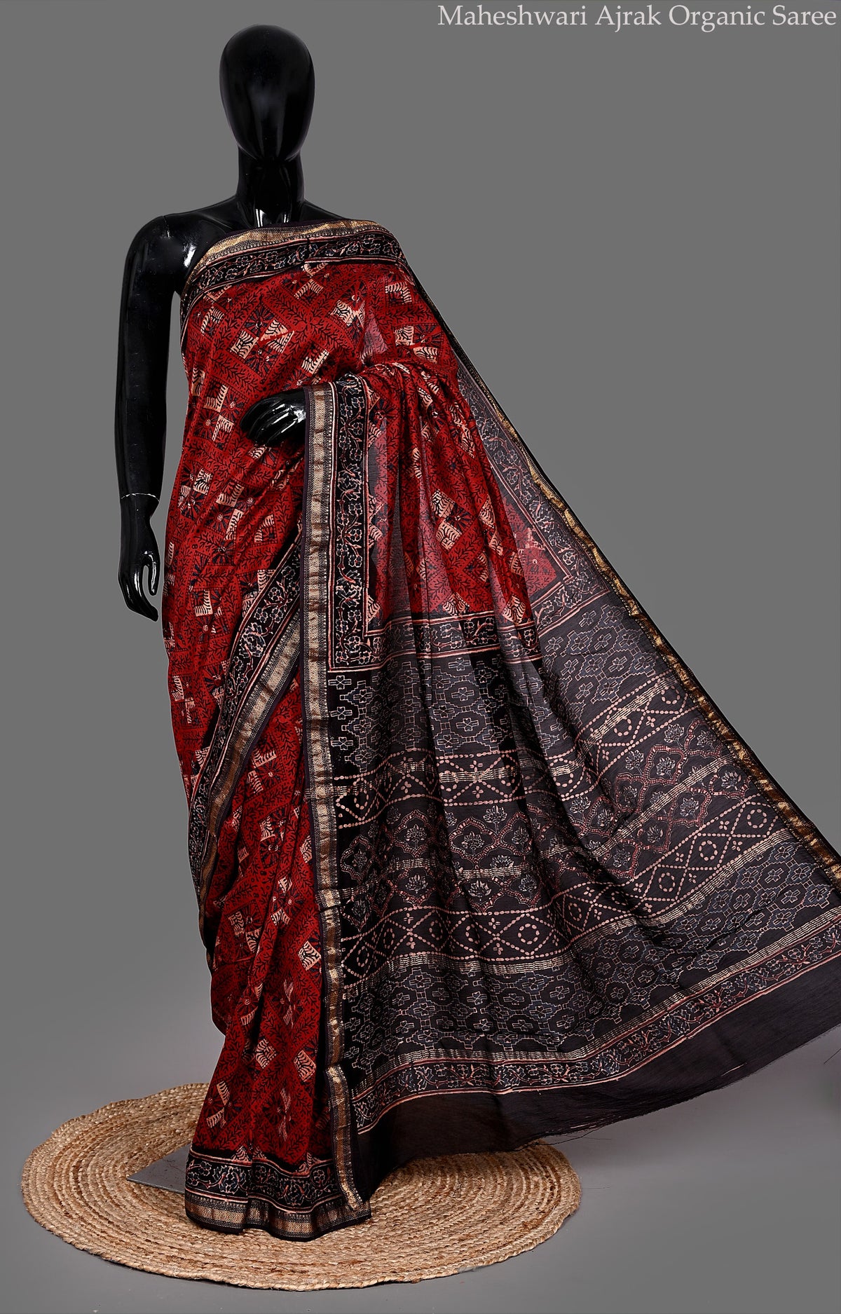 Maroon Black Maheshwari Ajrak Organic Saree
