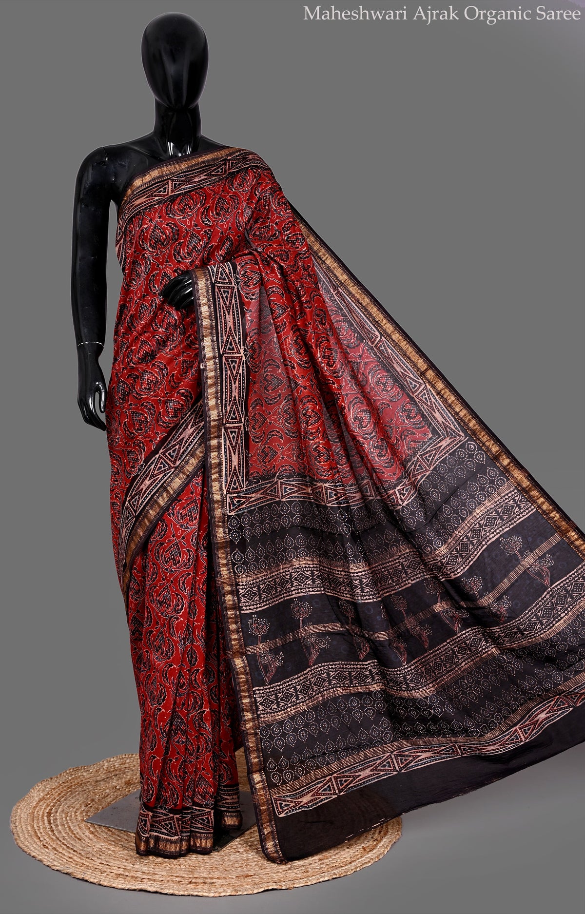 Red Black Maheshwari Ajrak Organic Saree