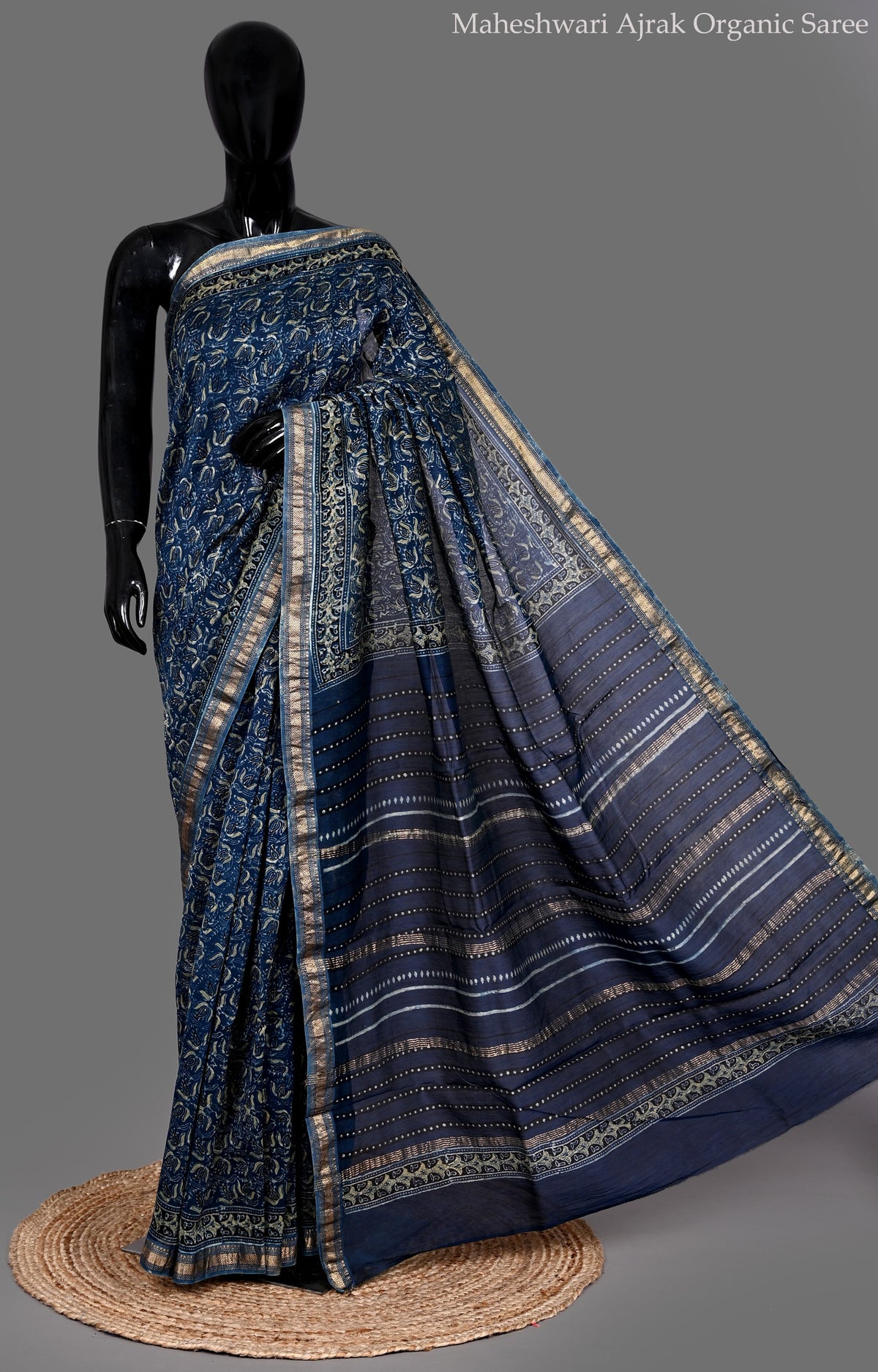 Maheshwari Ajrak Organic Saree – Indigo Blue Hand Block Print with Chanderi Border