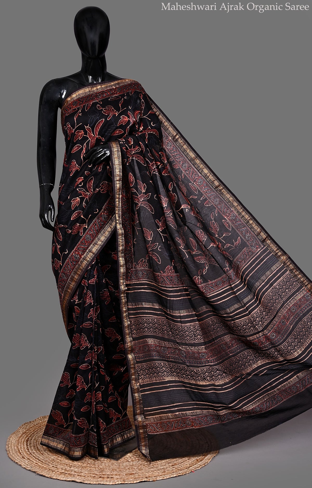 Maheshwari Ajrak Organic Saree – Black Floral Hand Block Print with Antique Chanderi Border