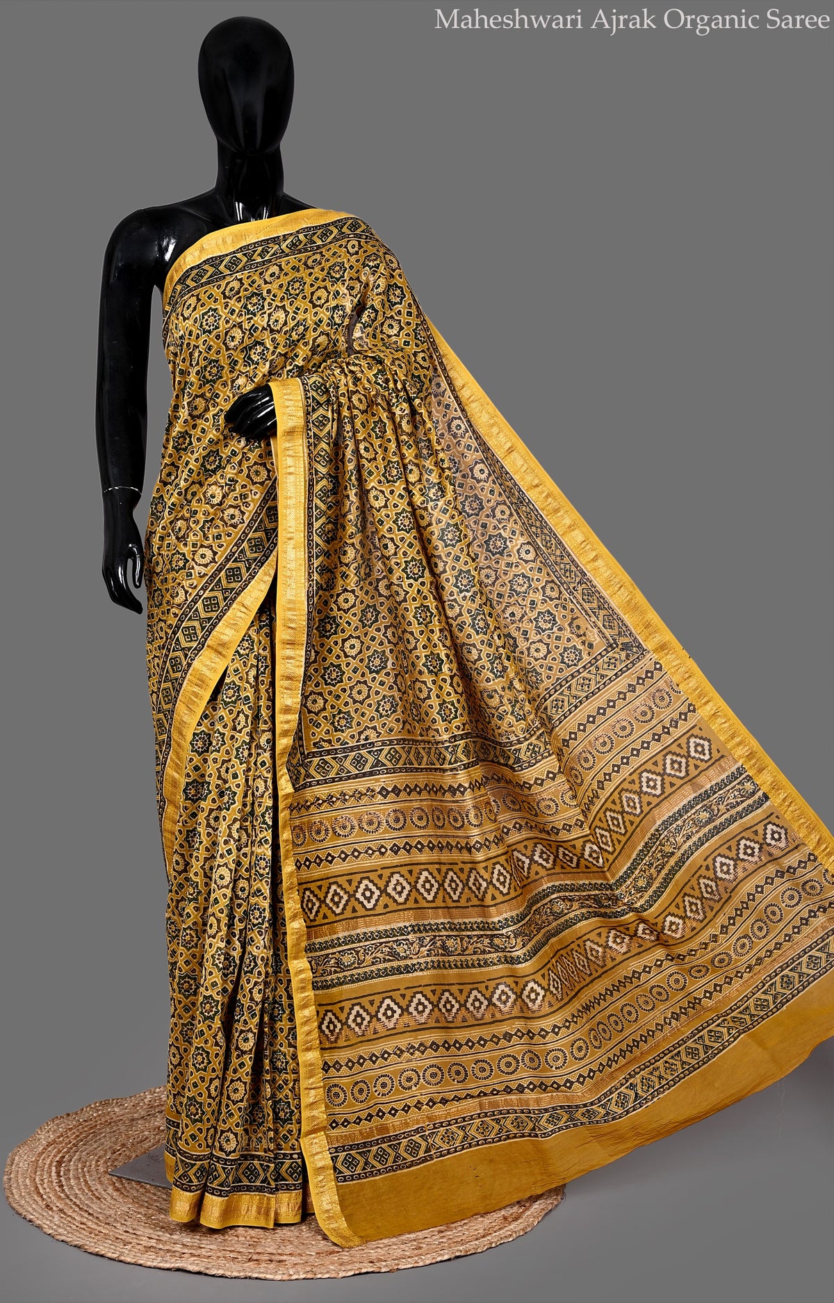 Maheshwari Ajrak Organic Saree – Mustard Yellow Geometric Hand Block Print with Chanderi Border