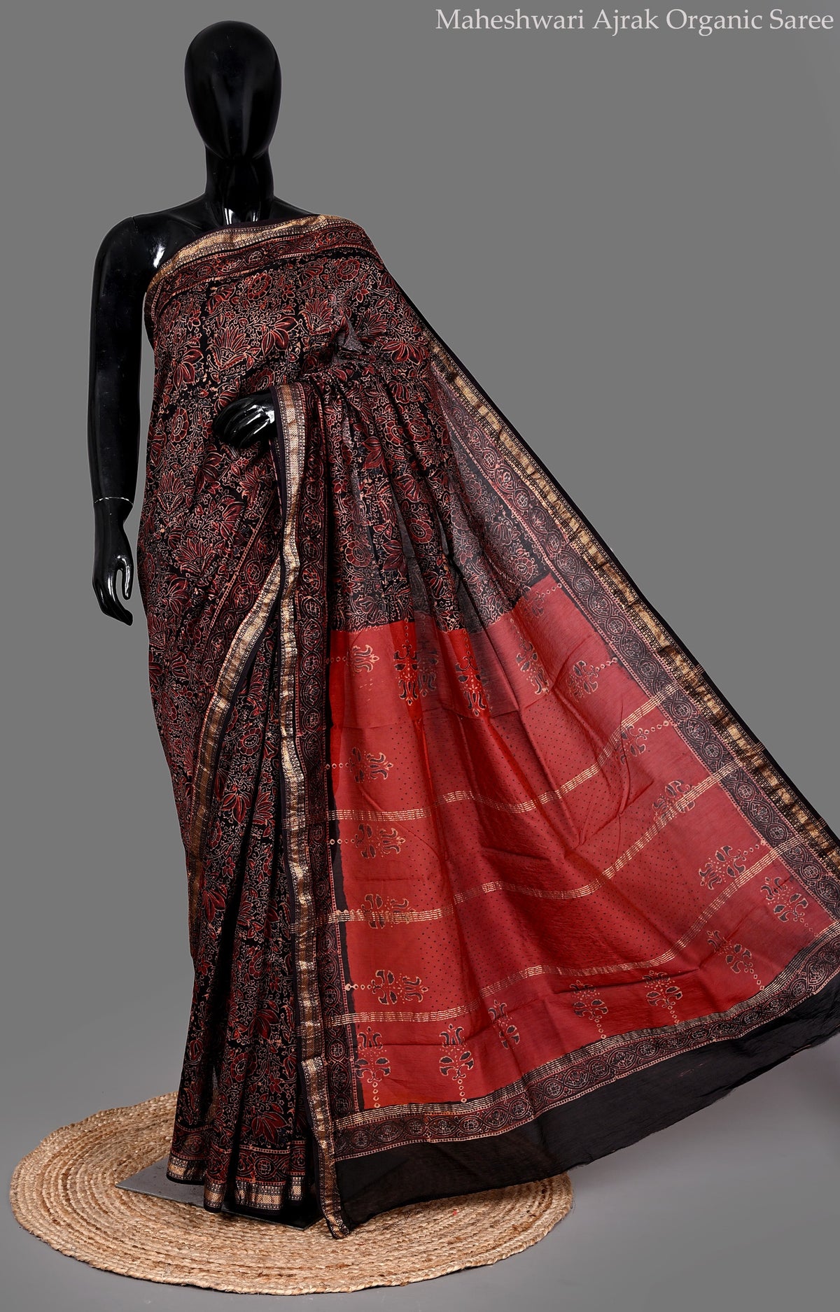 Maheshwari Ajrak Organic Saree – Black & Rust Red Floral Hand Block Print with Chanderi Border