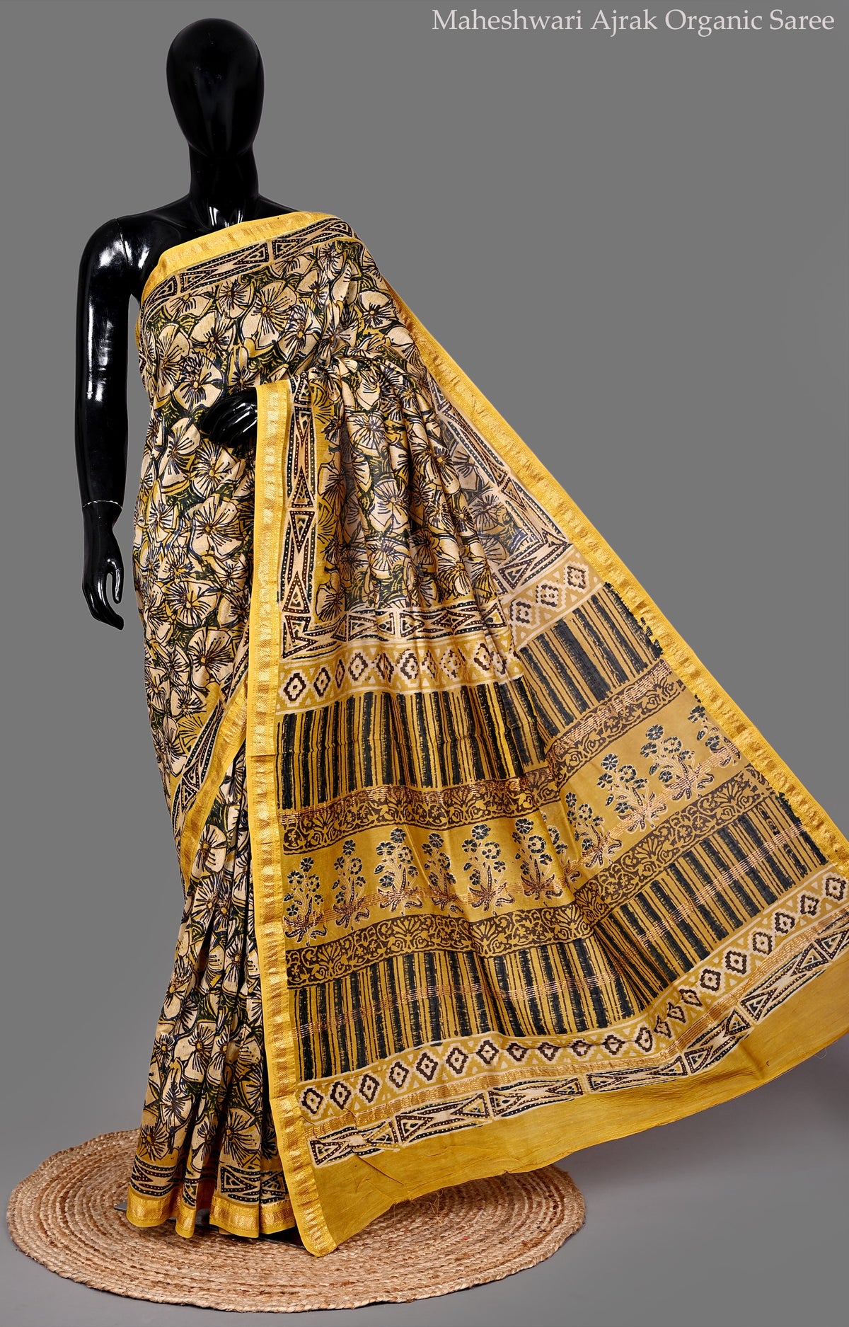 Maheshwari Ajrak Organic Saree – Mustard Yellow Floral Hand Block Print with Chanderi Border