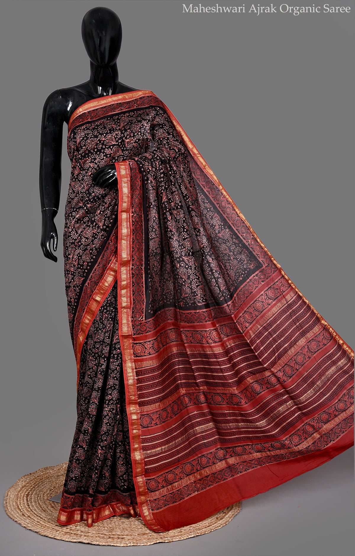Maheshwari Ajrak Organic Saree – Red Floral Hand Block Print with Black Ajrak Pallu & Chanderi Border
