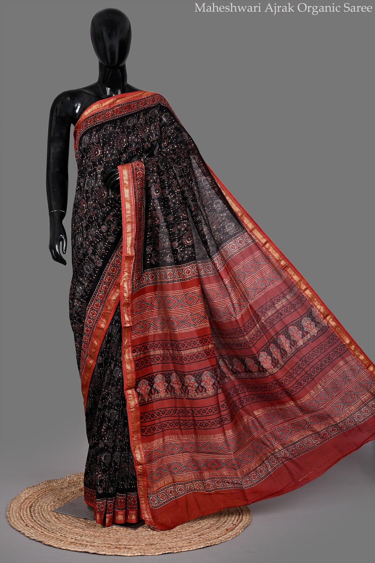 Black & Red Ajrakh Hand Block Printed Maheshwari Organic Saree
