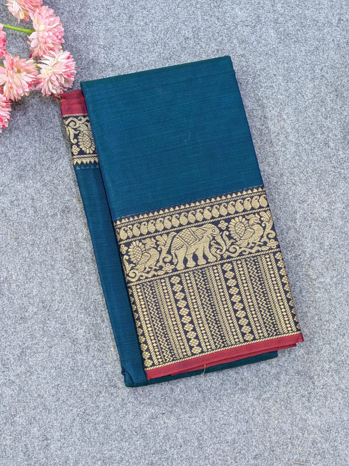 Pure Narayanpet Mercerised Cotton Saree in teal blue with Traditional Elephant Trending Border