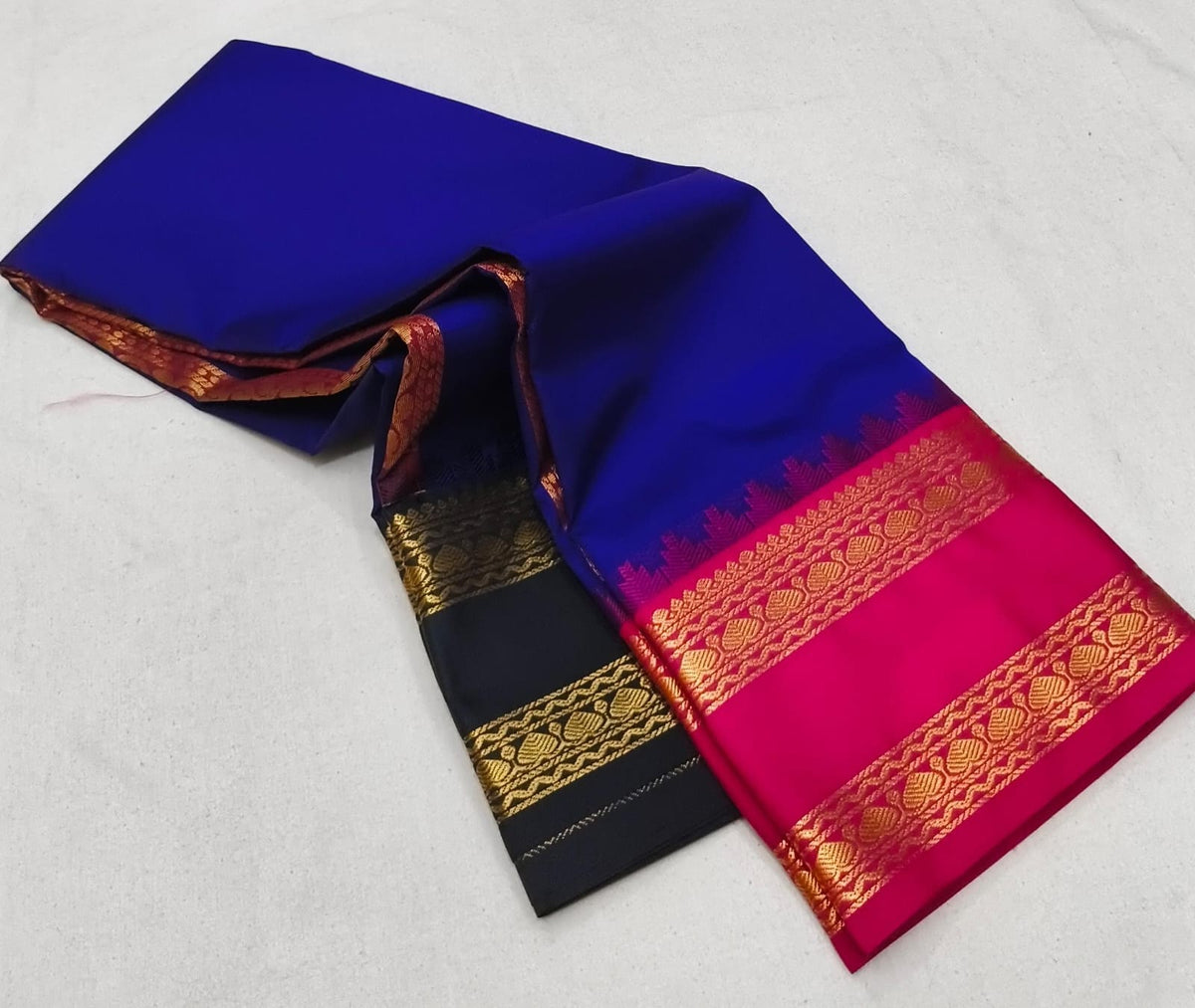 Stunning Blue Ganga Jamuna silk saree with pink and black border