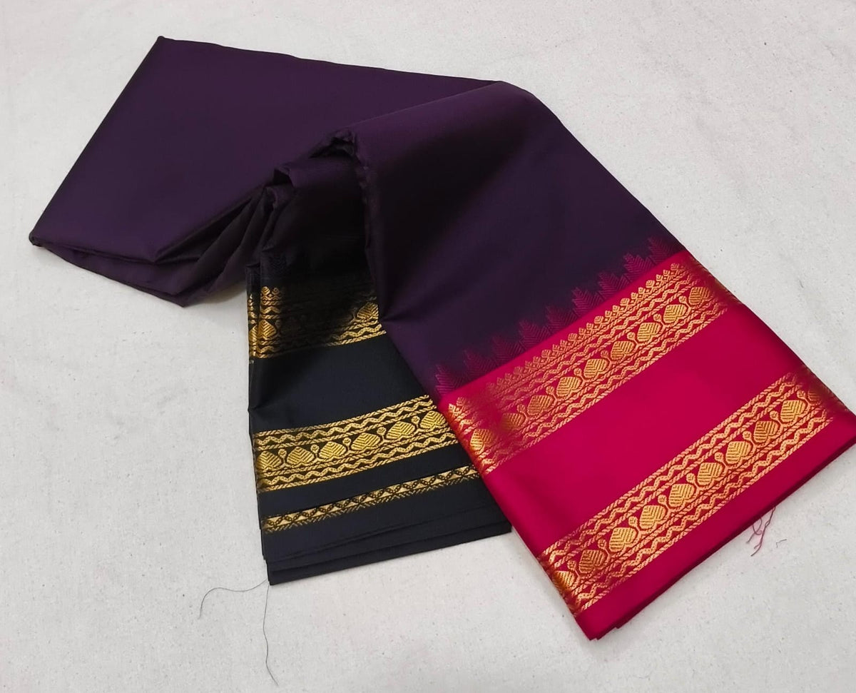 Deep Purple Ganga Jamuna silk saree with red and black border combo